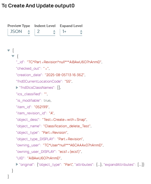 JSON output document of Tc Create and Update Snap including metadata of created object.