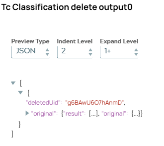 JSON output document of Tc Classification delete Snap including property 'deletedUID' in case of success.