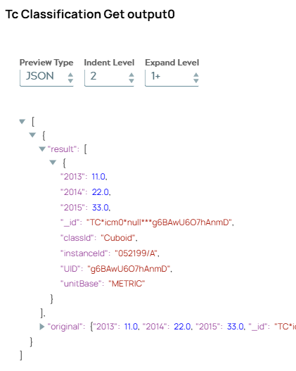 JSON output document of Tc Classification Get Snap including result list with one classification object.