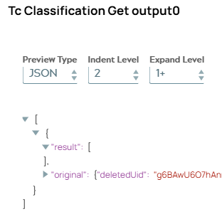 JSON output document of Tc Classification Get Snap including empty result list.