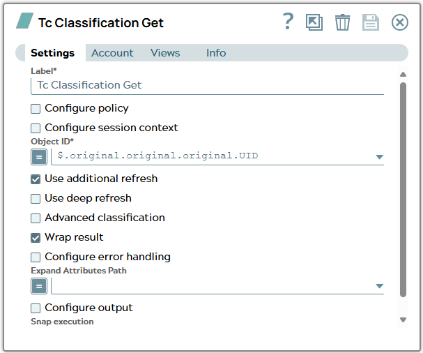 Settings of Tc Classification Get Snap using property 'UID' of original object from JSON input document to fill field 'Object ID'.
