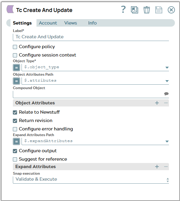 Settings of Tc Create and Update Snap using properties from JSON input document to fill fields e.g. 'Object Type' and 'Object attributes Path'.