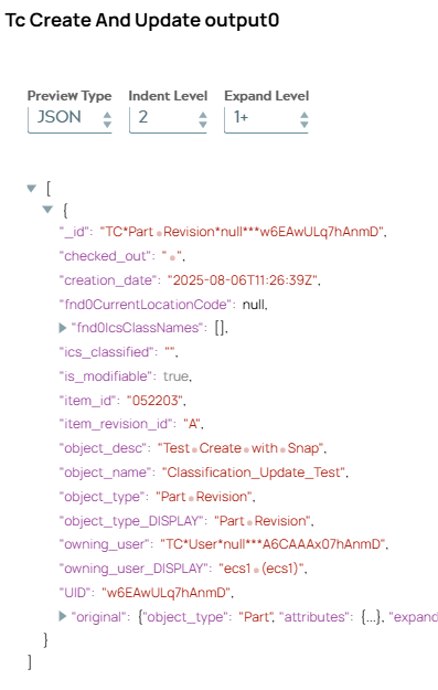 JSON output document of Tc Create and Update Snap including metadata of created object.
