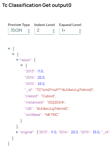 JSON output document of Tc Classification Get Snap including result list with one classification object.