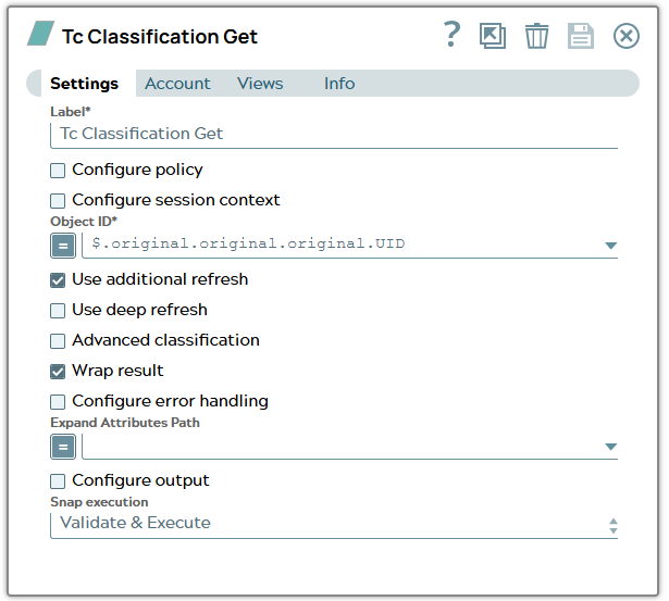 Settings of Tc Classification Get Snap using property 'UID' of original object from JSON input document to fill field 'Object ID'.