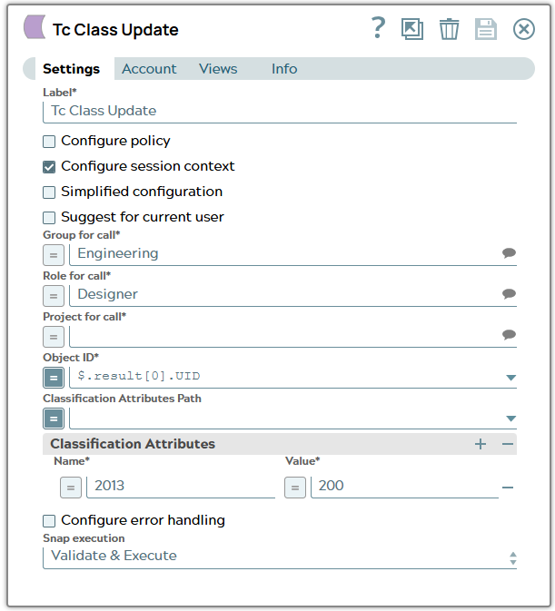 Settings of Tc Classification Create Snap using UID property of first result list object from JSON input document to fill field 'Object ID'. Attribute to be updated is hard written.