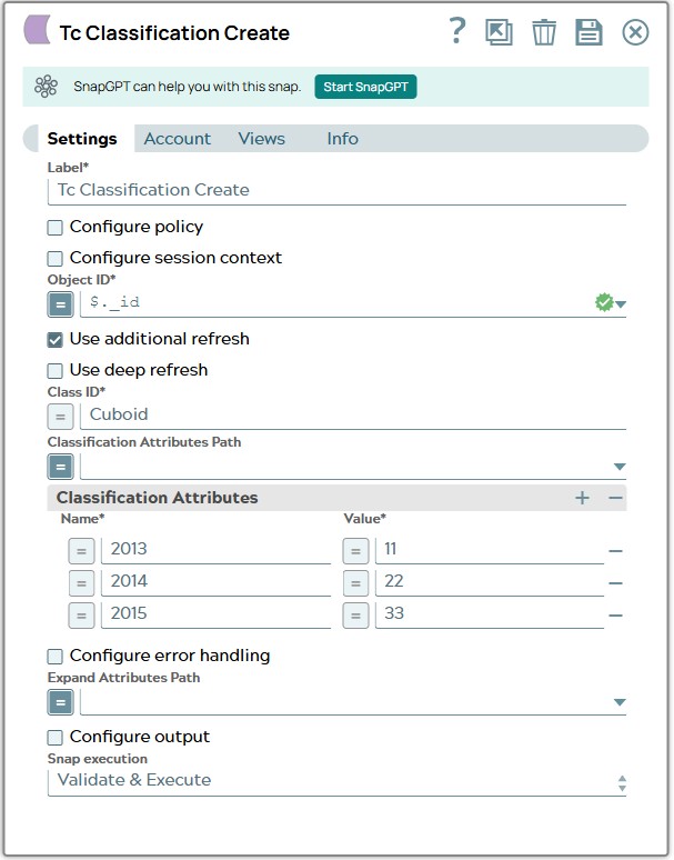 Settings of Tc Classification Create Snap using property from JSON input document to fill field 'Object ID'. Classification 'Class ID' and attributes are hard written.