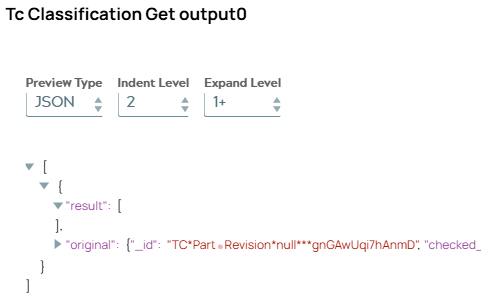 JSON output document of Tc Classification Get Snap including currently empty result list for newly created object.