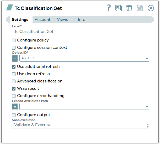 Settings of Tc Classification Get Snap using property 'UID' from JSON input document to fill field 'Object ID'.