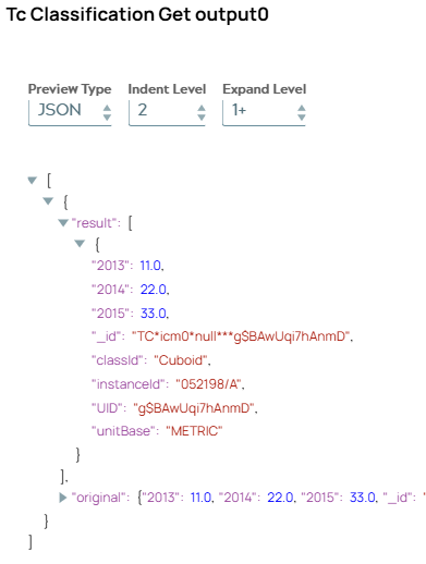 JSON output document of Tc Classification Get Snap including result list with one classification object.