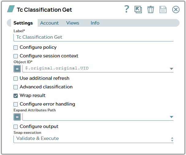 Settings of Tc Classification Get Snap using property 'UID' of original.original object from JSON input document to fill field 'Object ID'.