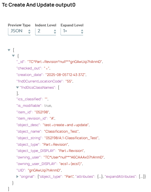 JSON output document of Tc Create and Update Snap including metadata of created object.