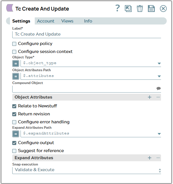 Settings of Tc Create and Update Snap using properties from JSON input document to fill fields e.g. 'Object Type' and 'Object attributes Path'.