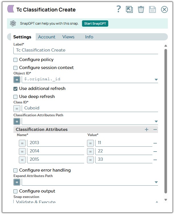 Settings of Tc Classification Create Snap using property from JSON input document to fill field 'Object ID'. Classification 'Class ID' and attributes are hard written.