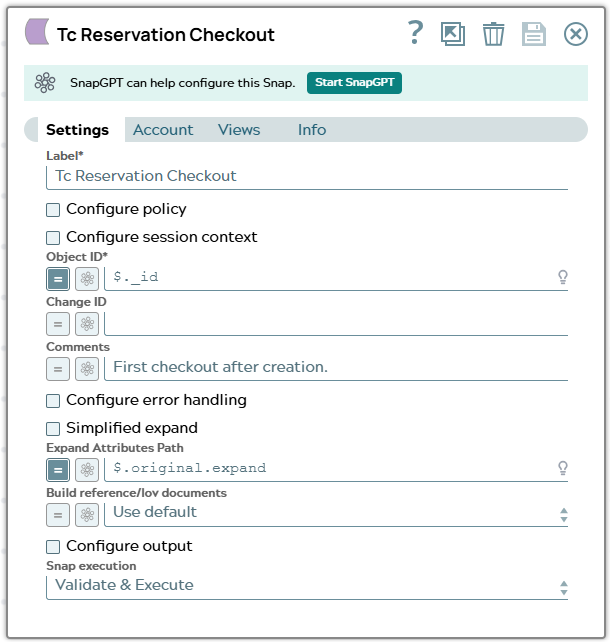 Settings of Tc Reservation Checkout Snap. Comments is filled hard coded.