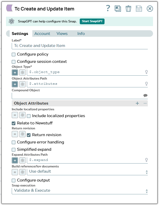 Settings of Tc Create Snap. Checkboxes to relate to Newstuff and to return revision are ON.