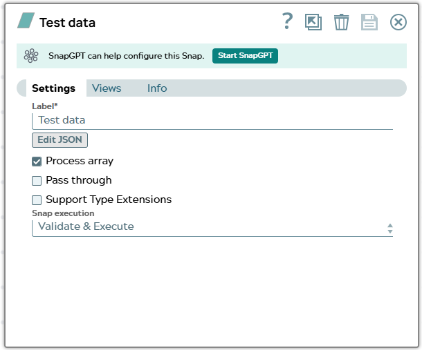 Settings of JSON Generator Snap.