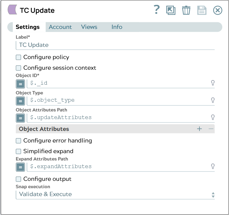Settings of Tc Update Snap.