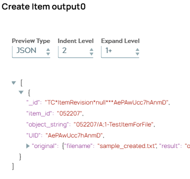 JSON output with metadata of newly created item revision.