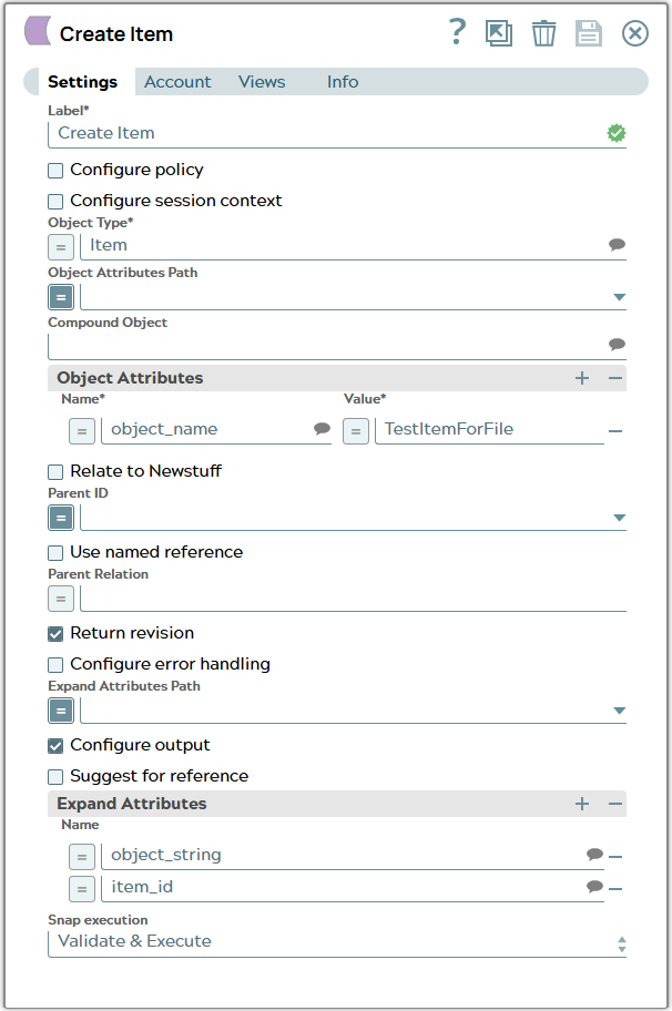 Tc Create Item Snap setting with hard written Type 'Item' and attribute 'object_name'.