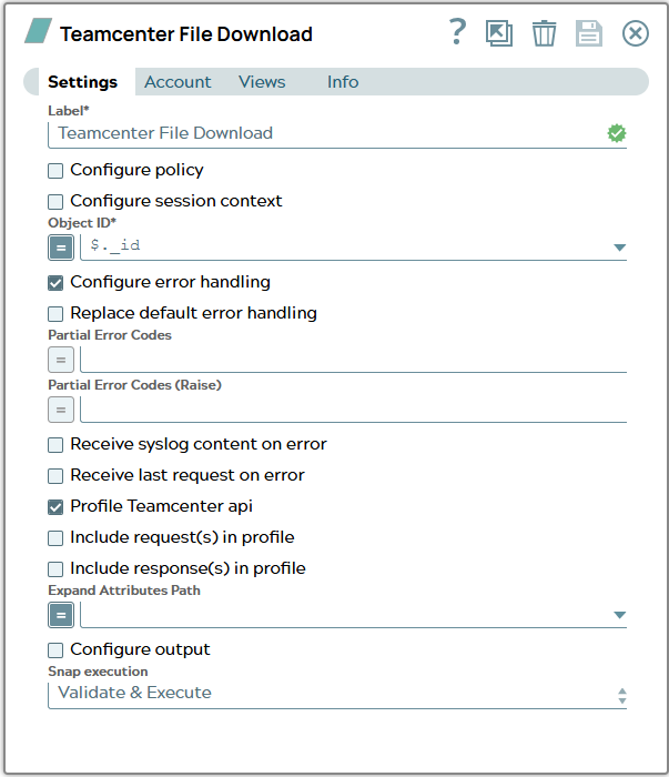 Settings of Tc File Download Snap with _id property value of input document used for field 'Object ID'.