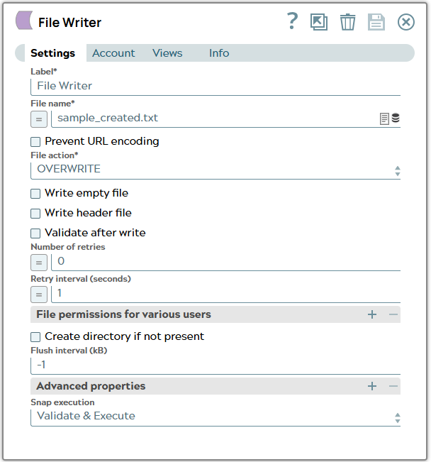 File Writer Snap settings including configured filename.