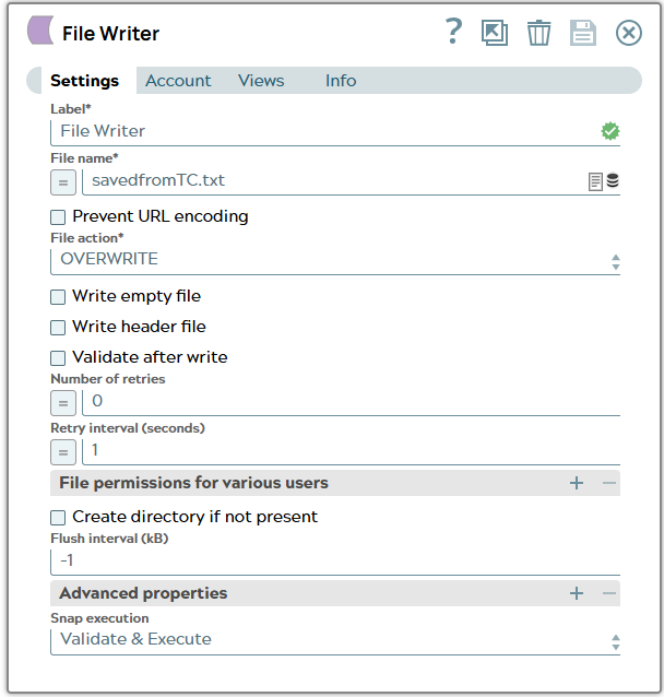 Fiel Writer Snap settings with configured file name where binary data shall be written to.