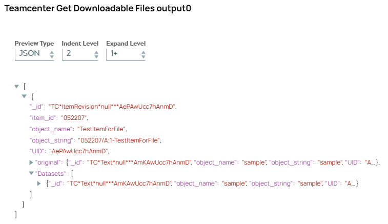 JSON output document being copy of input document including 'Datasets' list object with one dataset object.