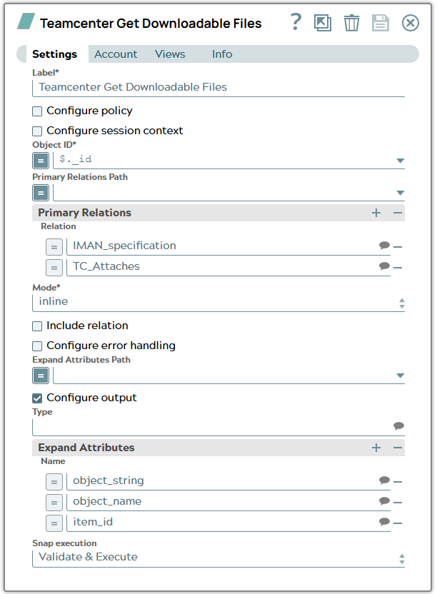 Tc Get Downloadable Files Snap settings using _id property from input document as 'Object ID' and defining two primary relation files are related with object. 'Mode' is defined as inline.