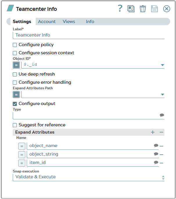 Tc Info Snap settings using _id property of input document as 'Object ID' and hard written expand attributes.