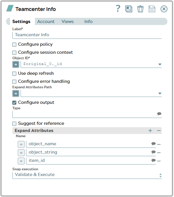 Tc Info Snap settings using original _id property of input document as 'Object ID' and hard written expand attributes.