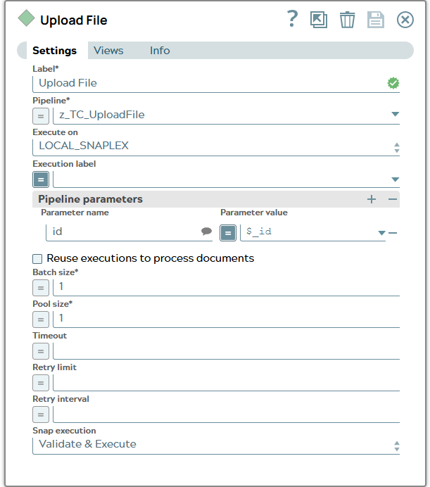 Pipeline Execute Snap settings with pipeline to be called 'z_TC_UploadFile' and parameter name value pair id and property _id.