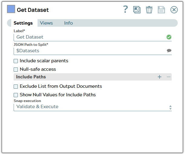 Splitter Snap settings with path to split leading to list object Datasets in input document.