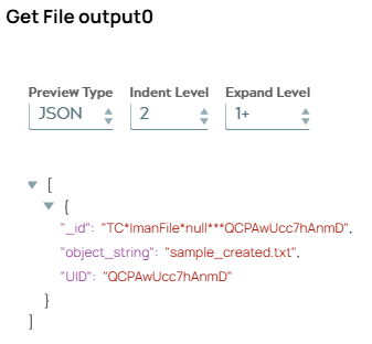 JSON output document of Splitter Snap including one object including metadata of ImanFile.