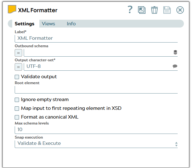 XML Formatter Snap settings with 'Output character set' to UTF-8.
