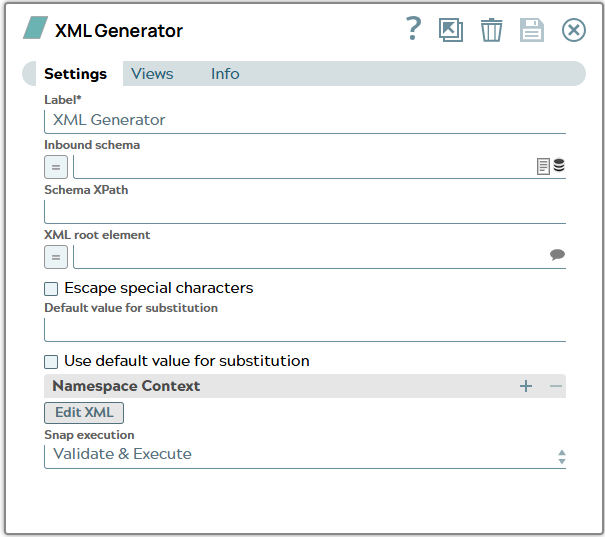XML Generator Snap where xml is stored behind 'Edit XML'.
