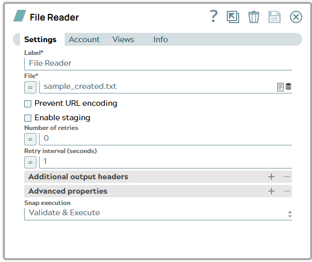 File Reader settings with configured File to be read from directory.