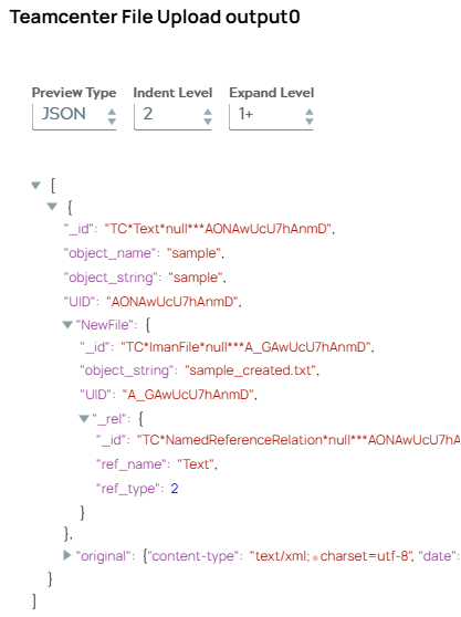 JSON output document including metadata of created ImanFile object.