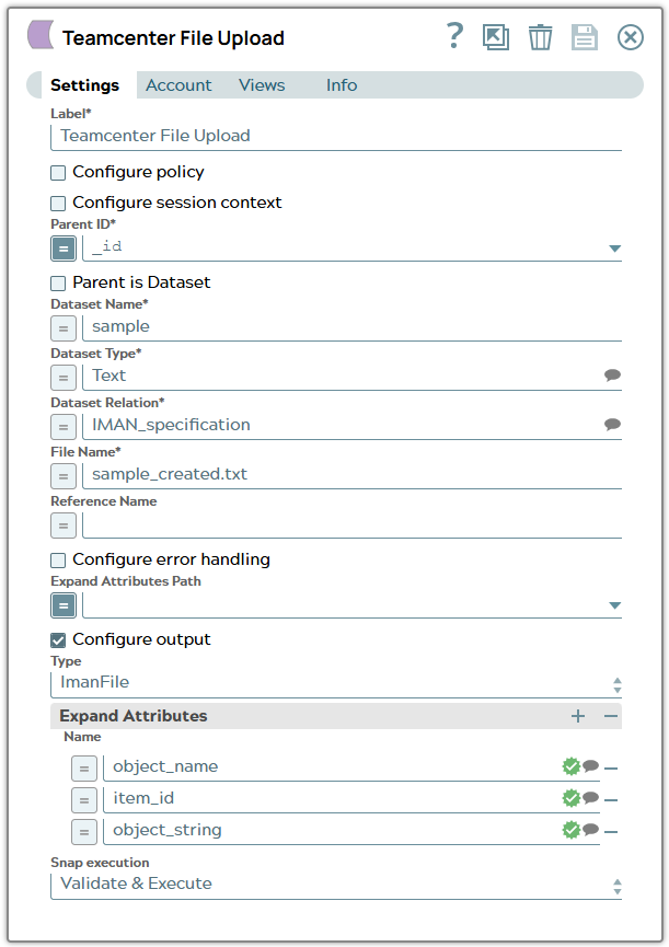 Tc File Upload Snap settings using parameter _id in field 'Parent ID'. Mandatory fields for dataset and relation configuration are defined.