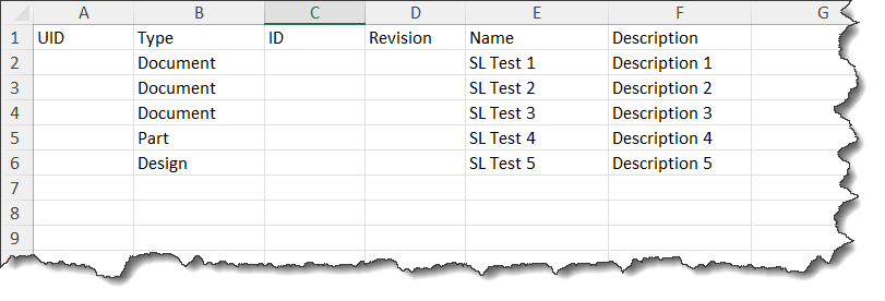 Excel sheet with one header and columns to specifiy the attribute values for to be created Teamcenter elements of different types.