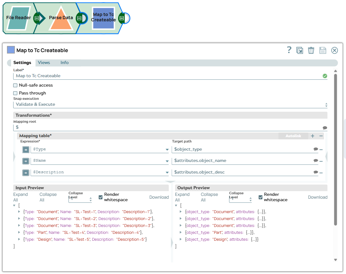 The mapping configuration between JSON from Excel sheet to JSON for Teamcenter Create.
