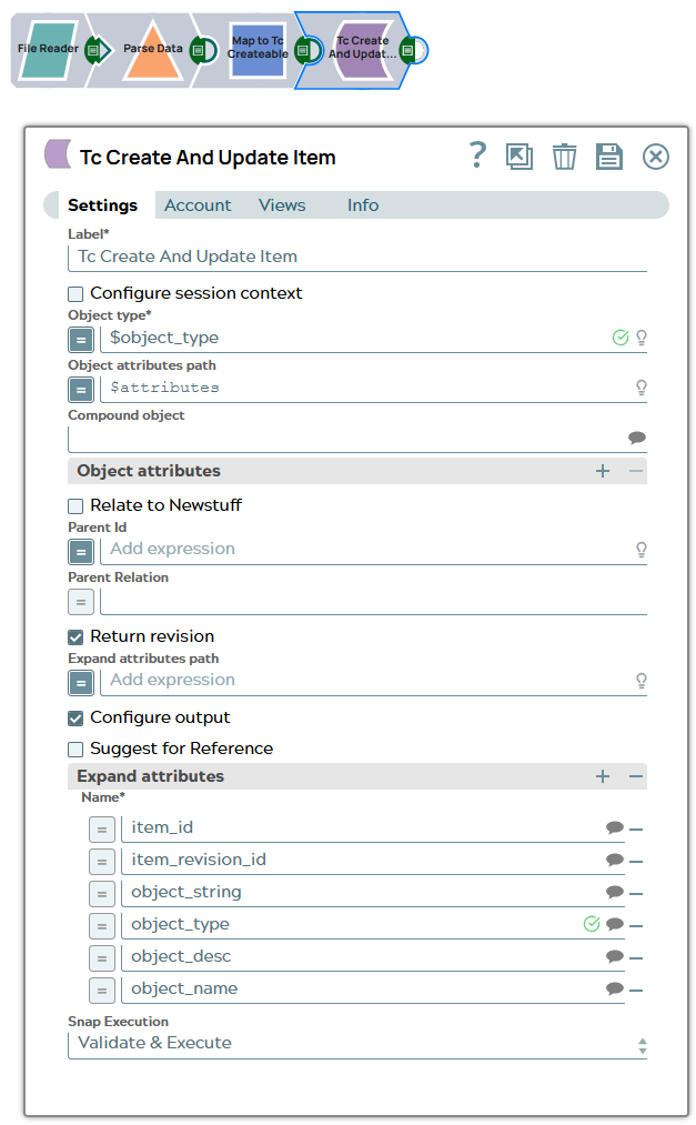 The Tc Create and Update setting with activated Return revision and list of configured expand attributes.