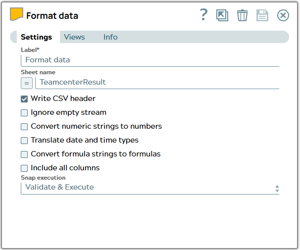 Setting of the Excel Formatter Snap including sheet name and 'Write CSV header' checkbox ON.