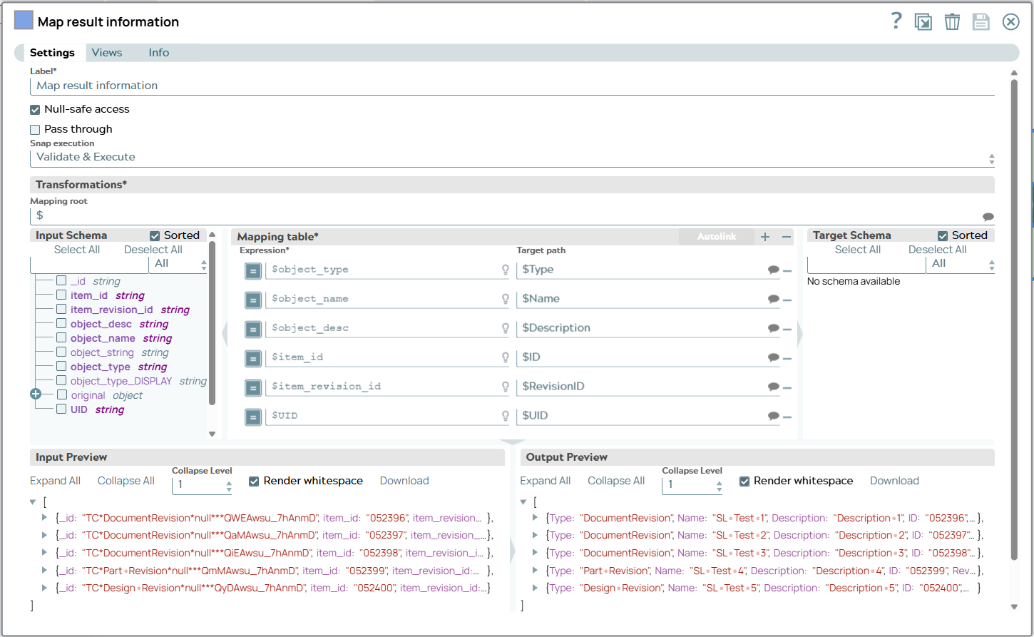 The mapping configuration between JSON from Teamcenter Create Snap output to JSON for Excel sheet .