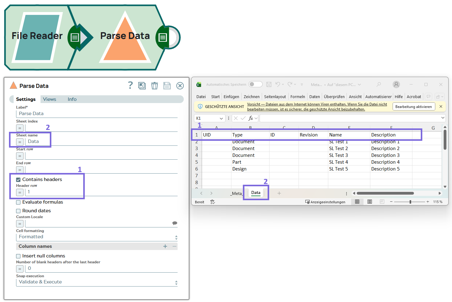 Parse data setting according to the Excel sheet with one header line and specified sheet name.