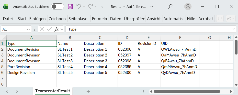 Excel sheet with one header and columns including ID and attribute information of the newly created objects from Teamcenter.