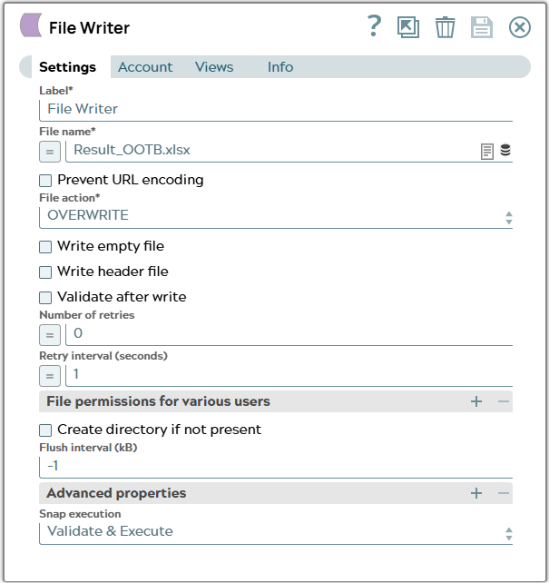 Settings of File Writer Snap. Mandatory field 'File name' is set.