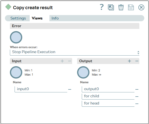 Copy Snap views tab is opened. Three output vies are configured.