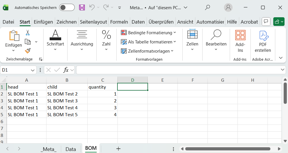 Excel sheet named 'BOM' with one header and columns to specifiy the name of the head object and the child object to be related in BOM. Additionally column quantity defines values for BOM relation attribute in Teamcenter.