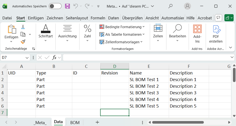 Excel sheet named 'Data' with one header and columns to specifiy the attribute values for to be created Teamcenter elements of type 'Part'.